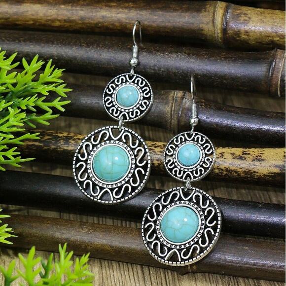 Ethnic Style Flower Alloy Turquoise Drop Earrings Boho Silver Round Retro Hippie - Picture 2 of 6